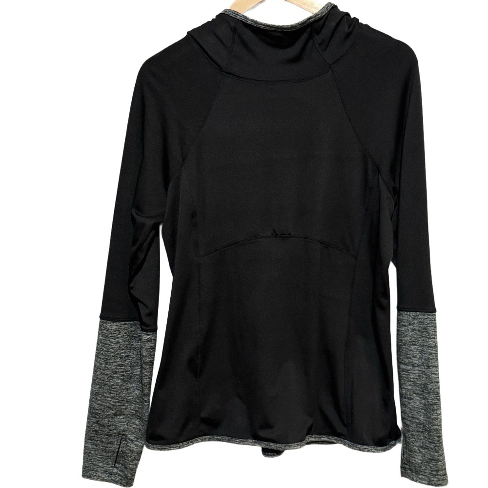 Avia Women Large Black Grey Pullover Hooded Sweatshirt Hoodie Thumb Hole Sleeve